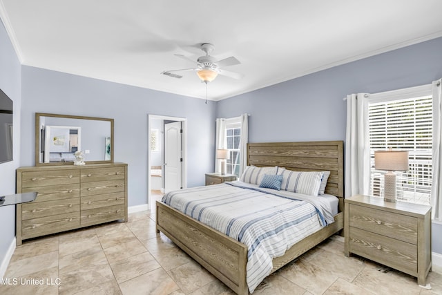 112 Vista Dr, Pass Christian, MS 39571 - bedroom with crown molding, ceiling fan, and connected bathroom