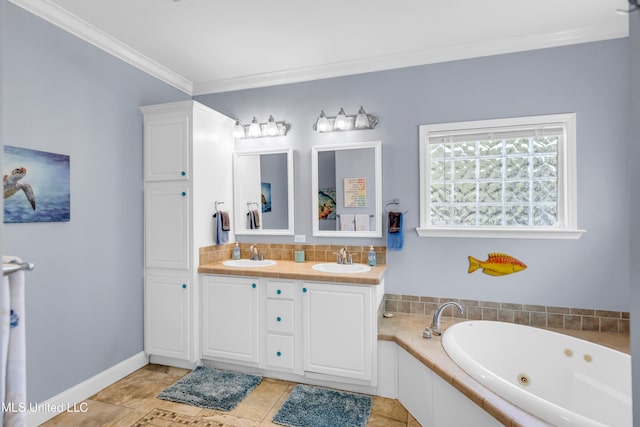 112 Vista Dr, Pass Christian, MS 39571 - full bath featuring a tub with jets, double vanity, tasteful backsplash, ornamental molding, and tile patterned flooring