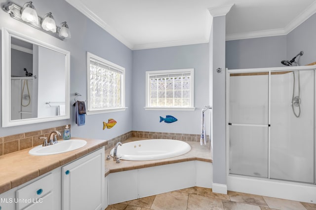 112 Vista Dr, Pass Christian, MS 39571 - bathroom featuring vanity, a stall shower, a garden tub, and crown molding