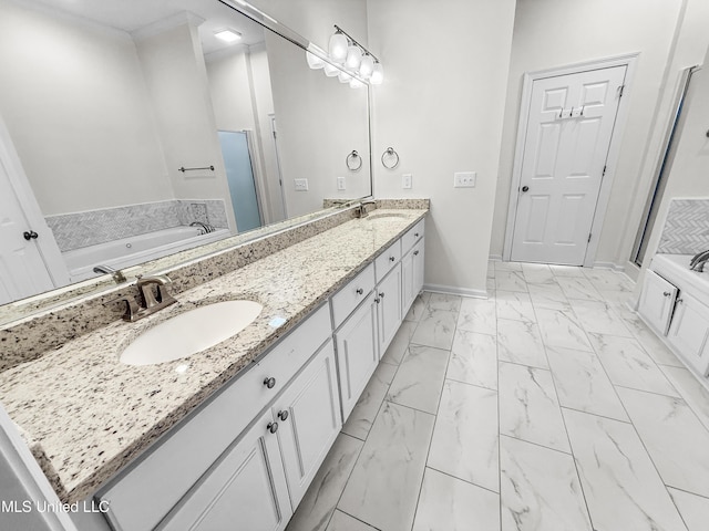 290 Geneva Blvd, Madison, MS 39110 - bathroom with marble finish flooring, double vanity, a bath, and a stall shower