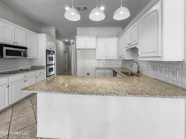 290 Geneva Blvd, Madison, MS 39110 - kitchen featuring stainless steel appliances, a peninsula, crown molding, light stone counters, and tasteful backsplash