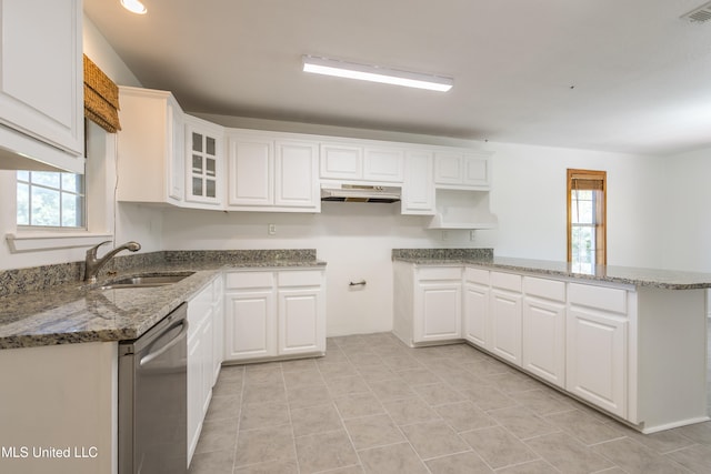 kitchen with stainless steel dishwasher, kitchen peninsula, white cabinets, and sink