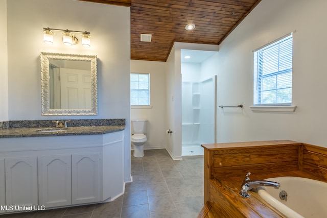 full bathroom with independent shower and bath, wooden ceiling, toilet, vanity, and tile patterned floors