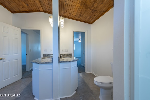 bathroom with vanity, lofted ceiling, toilet, and wooden ceiling