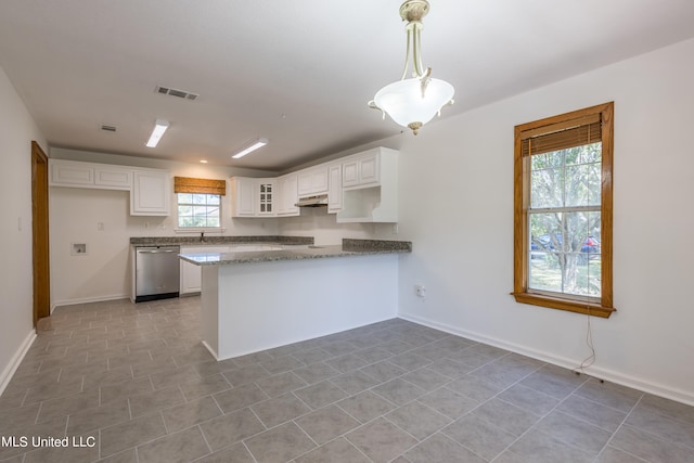 kitchen with dishwasher, kitchen peninsula, white cabinetry, pendant lighting, and light stone counters