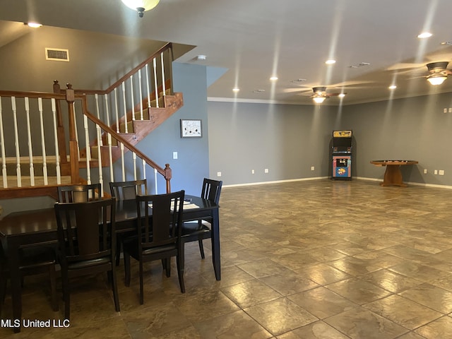 6301 W Wimbledon Cv, Ocean Springs, MS 39564 - dining space with visible vents, recessed lighting, baseboards, and ceiling fan
