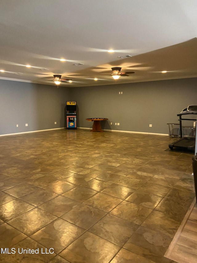 basement featuring ceiling fan