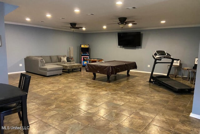 playroom with crown molding, billiards, and ceiling fan