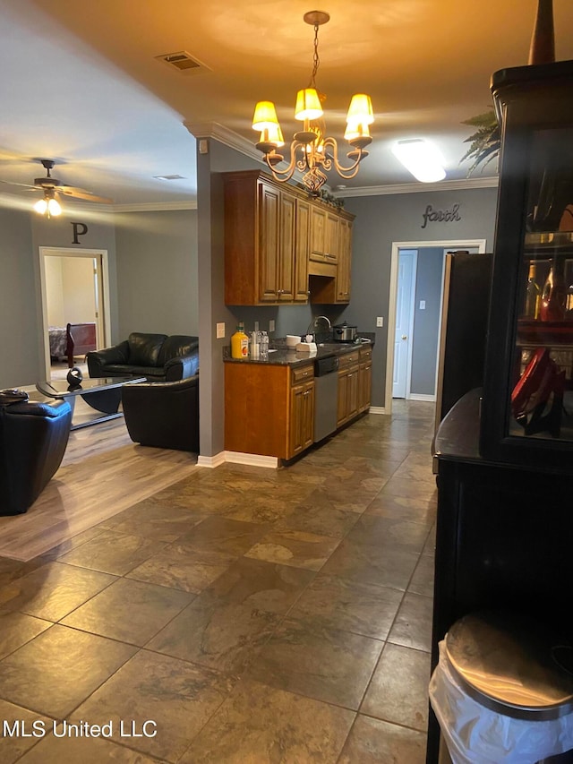 kitchen featuring fridge, hanging light fixtures, crown molding, stainless steel dishwasher, and ceiling fan with notable chandelier