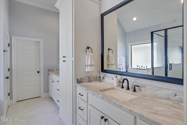 1235 Cutter Ln, Brandon, MS 39047 - bathroom with vanity, marble look tile flooring, and a shower stall
