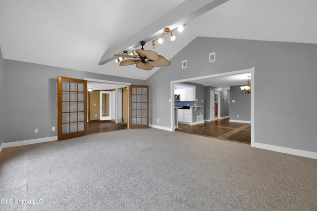 unfurnished living room featuring french doors, dark colored carpet, visible vents, baseboards, and ceiling fan with notable chandelier