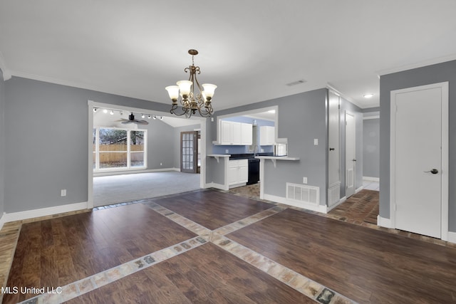 kitchen with visible vents, dark wood-type flooring, white cabinetry, dishwasher, and baseboards