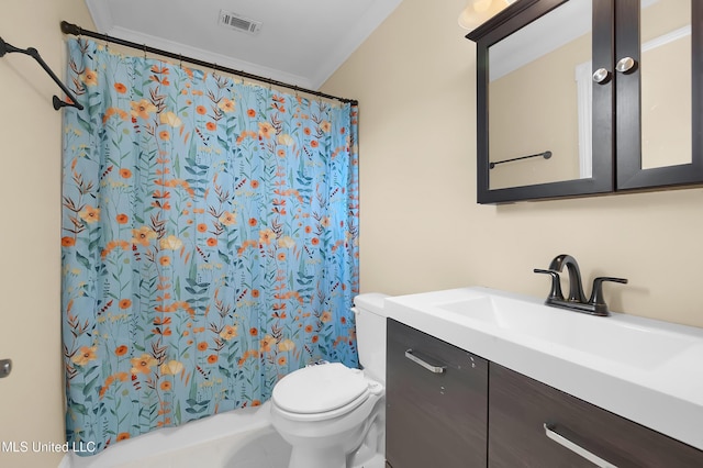 full bathroom featuring visible vents, a shower with shower curtain, toilet, ornamental molding, and vanity