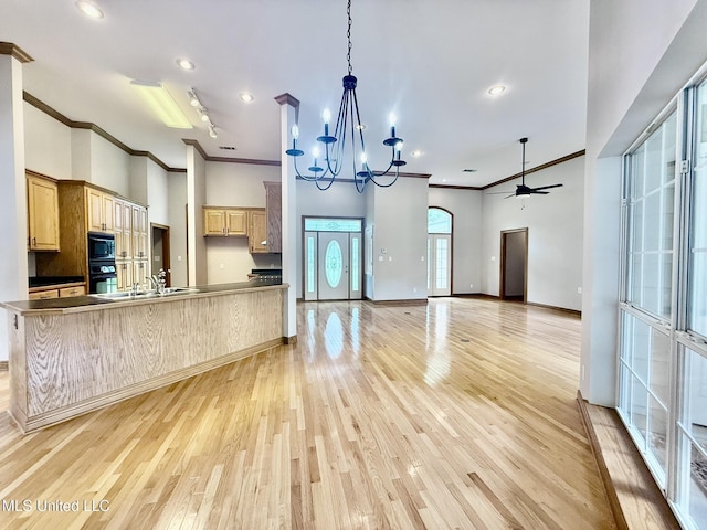 110 Frye Rd, Hattiesburg, MS 39401 - unfurnished living room with crown molding, light wood finished floors, a chandelier, a sink, and a ceiling fan