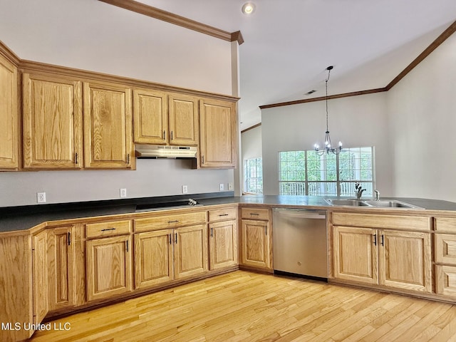 110 Frye Rd, Hattiesburg, MS 39401 - kitchen with dishwasher, crown molding, under cabinet range hood, a sink, and light wood-style flooring
