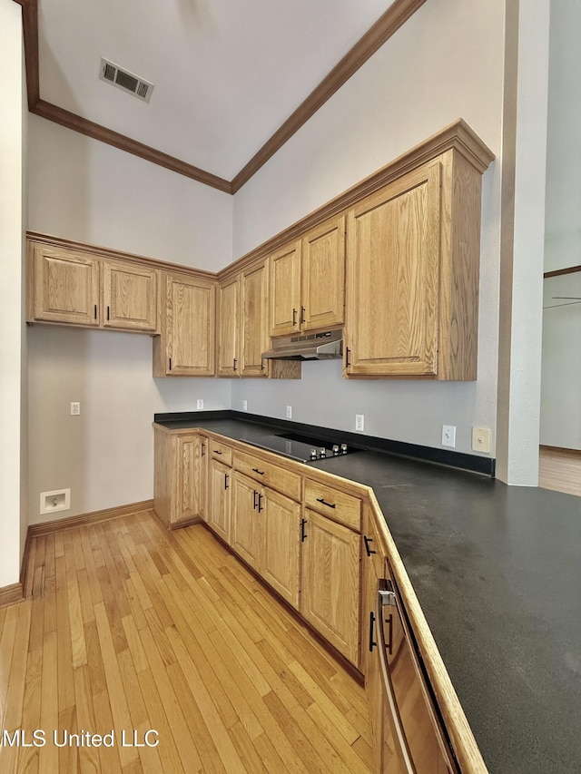 110 Frye Rd, Hattiesburg, MS 39401 - kitchen featuring under cabinet range hood, dark countertops, ornamental molding, light wood-type flooring, and black electric cooktop