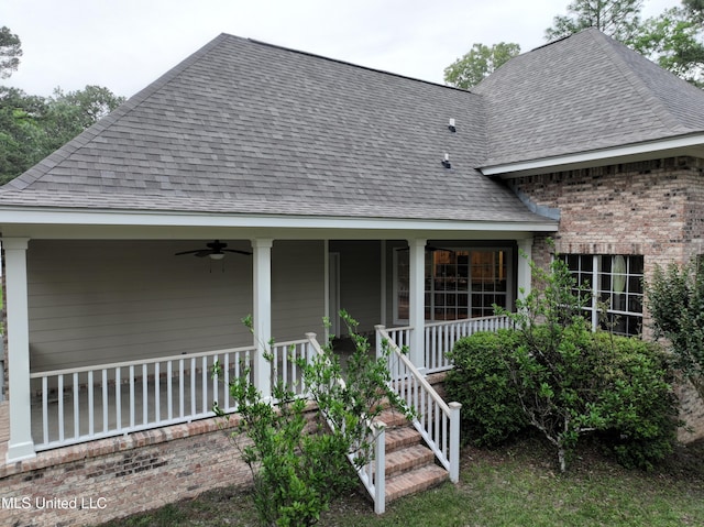 110 Frye Rd, Hattiesburg, MS 39401 - view of front of house featuring ceiling fan, a porch, roof with shingles, and brick siding