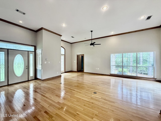 110 Frye Rd, Hattiesburg, MS 39401 - unfurnished living room with crown molding, a ceiling fan, light wood-style flooring, baseboards, and recessed lighting