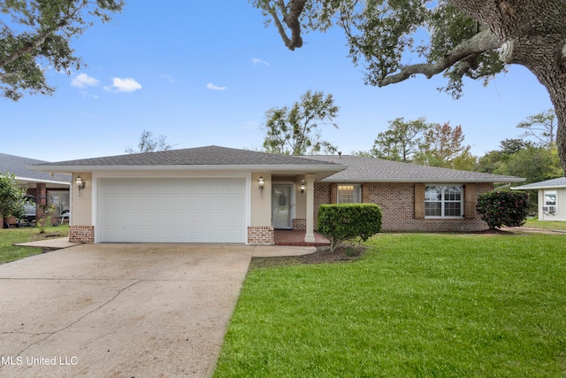 single story home featuring a front yard and a garage