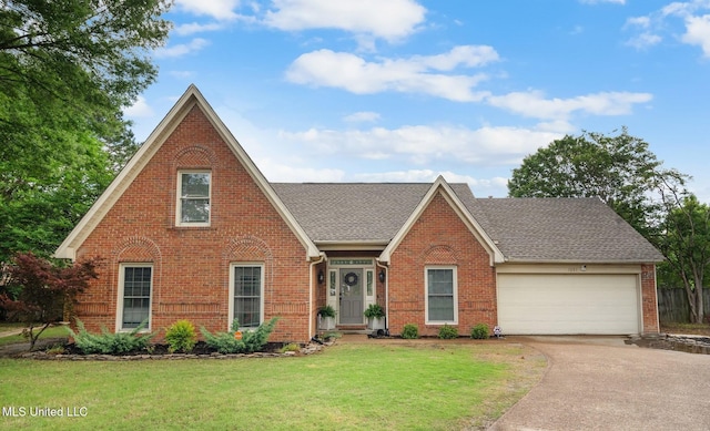 view of front of property featuring a garage, a front yard, brick siding, a shingled roof, and concrete driveway