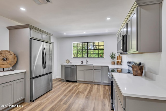 kitchen with gray cabinetry, sink, light wood-type flooring, and appliances with stainless steel finishes