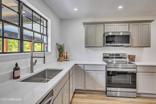 kitchen featuring gray cabinetry, sink, light hardwood / wood-style flooring, and appliances with stainless steel finishes