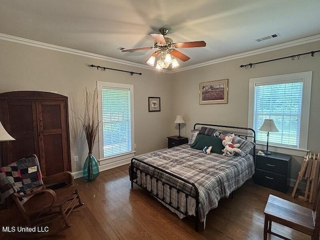 9053 Castalian Springs Rd, Durant, MS 39063 - bedroom featuring ceiling fan, ornamental molding, baseboards, visible vents, and dark wood-style floors