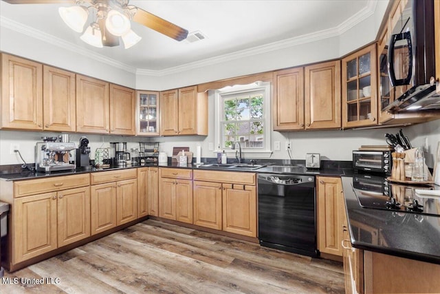78 Bayou Cir, Gulfport, MS 39507 - kitchen featuring black appliances, dark countertops, crown molding, a sink, and ceiling fan