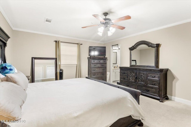 78 Bayou Cir, Gulfport, MS 39507 - carpeted bedroom with crown molding, baseboards, ceiling fan, and ensuite bath