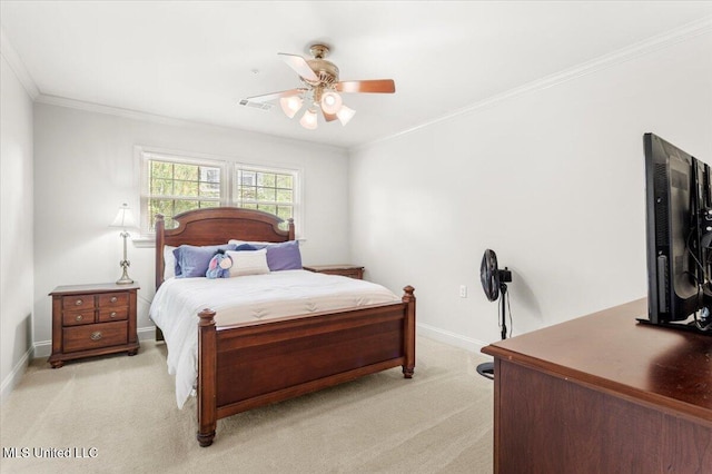 78 Bayou Cir, Gulfport, MS 39507 - bedroom featuring light carpet, crown molding, baseboards, and a ceiling fan