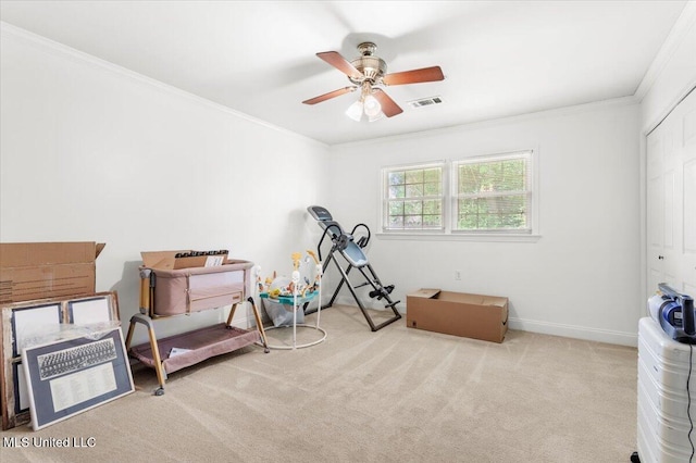 78 Bayou Cir, Gulfport, MS 39507 - workout area with carpet, a ceiling fan, crown molding, and baseboards