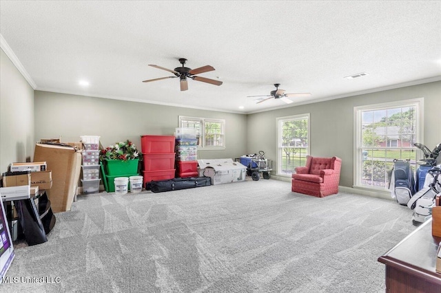 78 Bayou Cir, Gulfport, MS 39507 - carpeted living room featuring crown molding, a ceiling fan, recessed lighting, and a textured ceiling