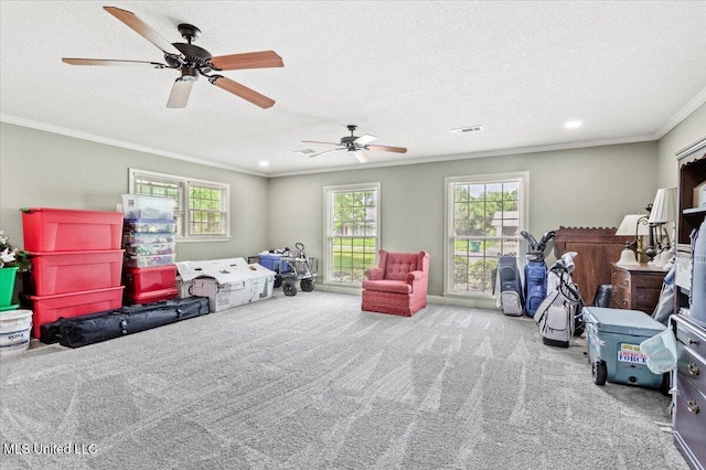78 Bayou Cir, Gulfport, MS 39507 - playroom featuring carpet floors, crown molding, a textured ceiling, a ceiling fan, and recessed lighting