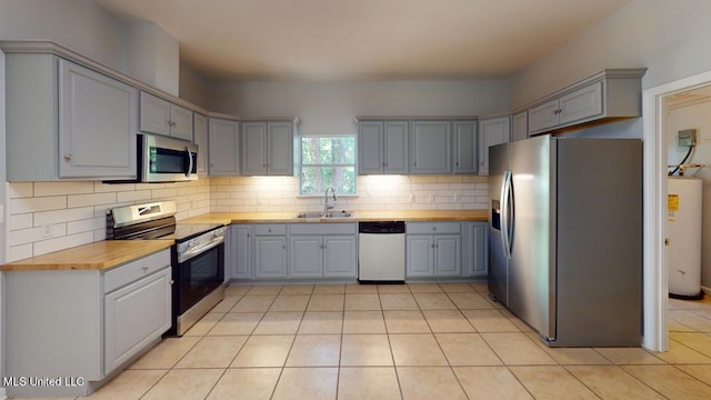 kitchen with gray cabinets, water heater, wooden counters, and stainless steel appliances