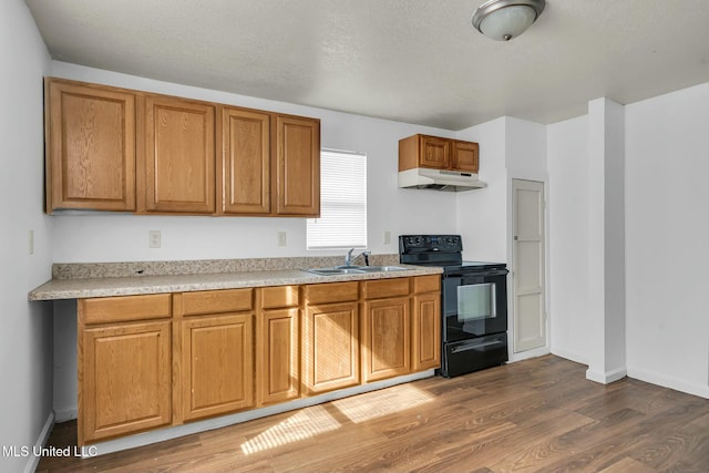 kitchen with sink, a textured ceiling, dark hardwood / wood-style floors, and black / electric stove