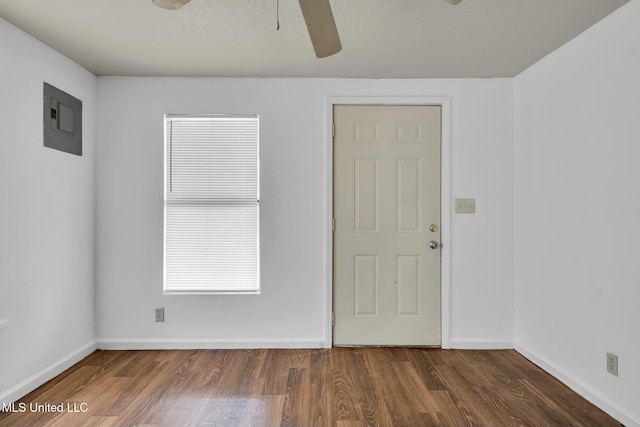 empty room featuring ceiling fan, dark hardwood / wood-style floors, and electric panel