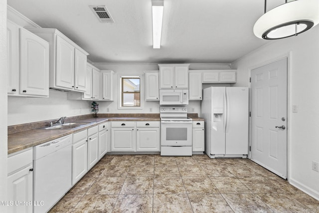 1914 Twin Pine Dr, Pearl, MS 39208 - kitchen featuring white appliances, a sink, white cabinets, dark countertops, and crown molding