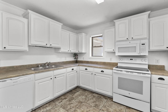 1914 Twin Pine Dr, Pearl, MS 39208 - kitchen featuring white appliances, a sink, white cabinetry, and crown molding