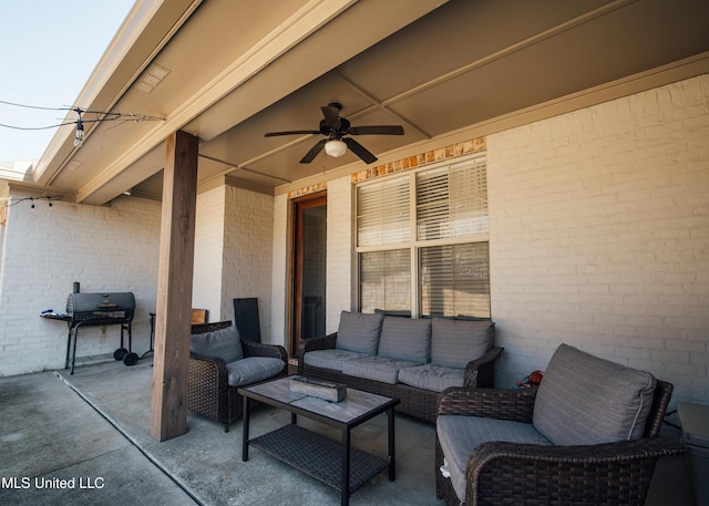 view of patio / terrace featuring ceiling fan, a grill, and an outdoor hangout area