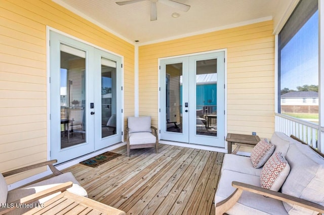 sunroom / solarium with french doors and ceiling fan