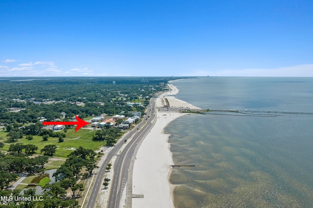 bird's eye view with a water view and a beach view