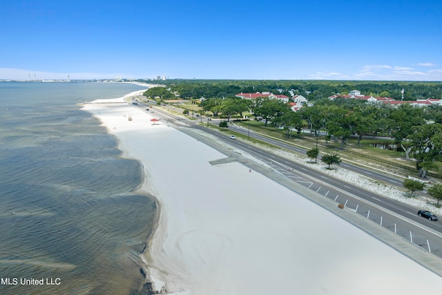 aerial view with a water view and a view of the beach