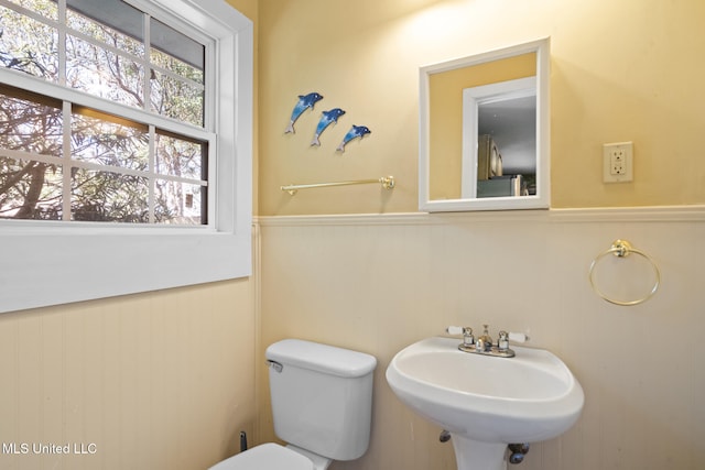 half bathroom featuring wainscoting, a sink, and toilet