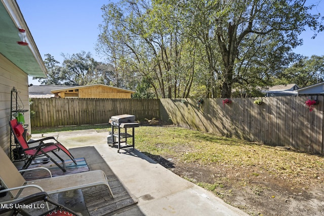 view of yard with a fenced backyard and a patio