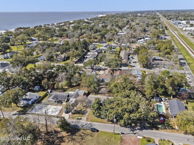 bird's eye view featuring a water view and a residential view