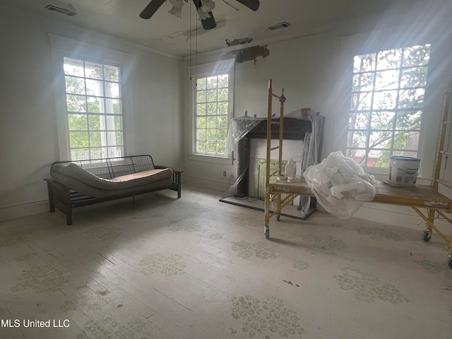 living area featuring hardwood / wood-style floors and ceiling fan