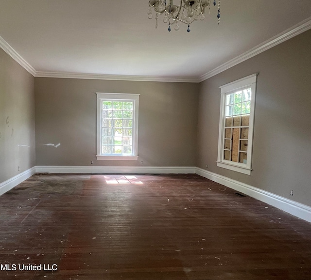 spare room with ornamental molding, a wealth of natural light, dark hardwood / wood-style floors, and an inviting chandelier