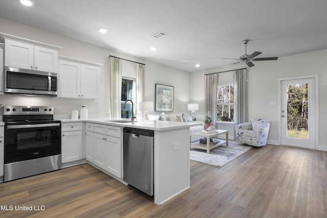 12278 Frazier Ln, Gulfport, MS 39503 - kitchen with appliances with stainless steel finishes, open floor plan, a sink, a peninsula, and white cabinetry