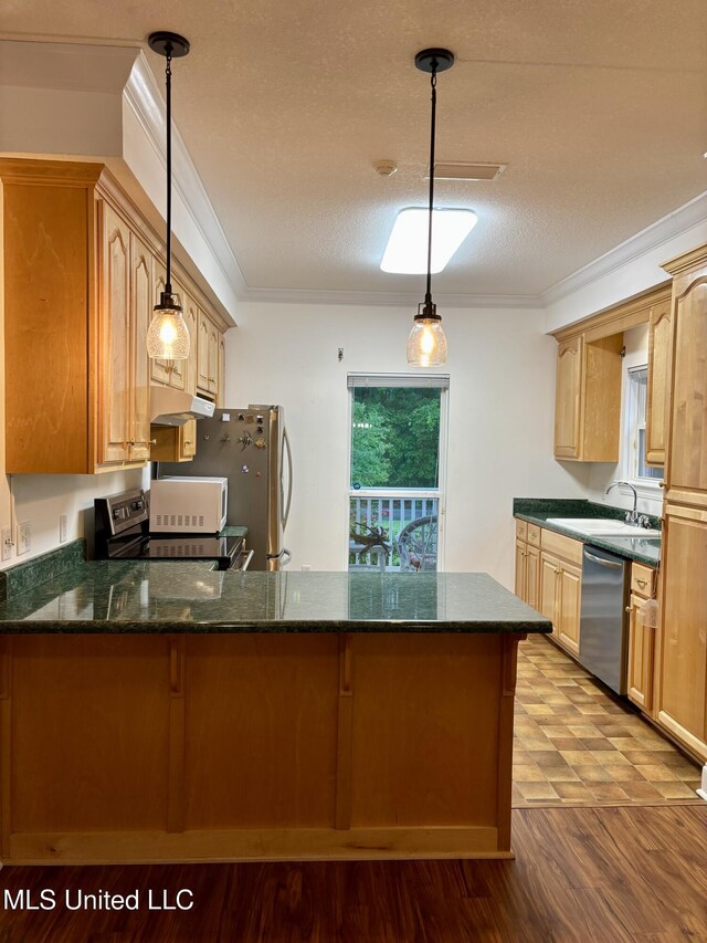 1405 Bay Ridge Dr, Gautier, MS 39553 - kitchen featuring stainless steel appliances, a sink, a peninsula, a textured ceiling, and wood finished floors