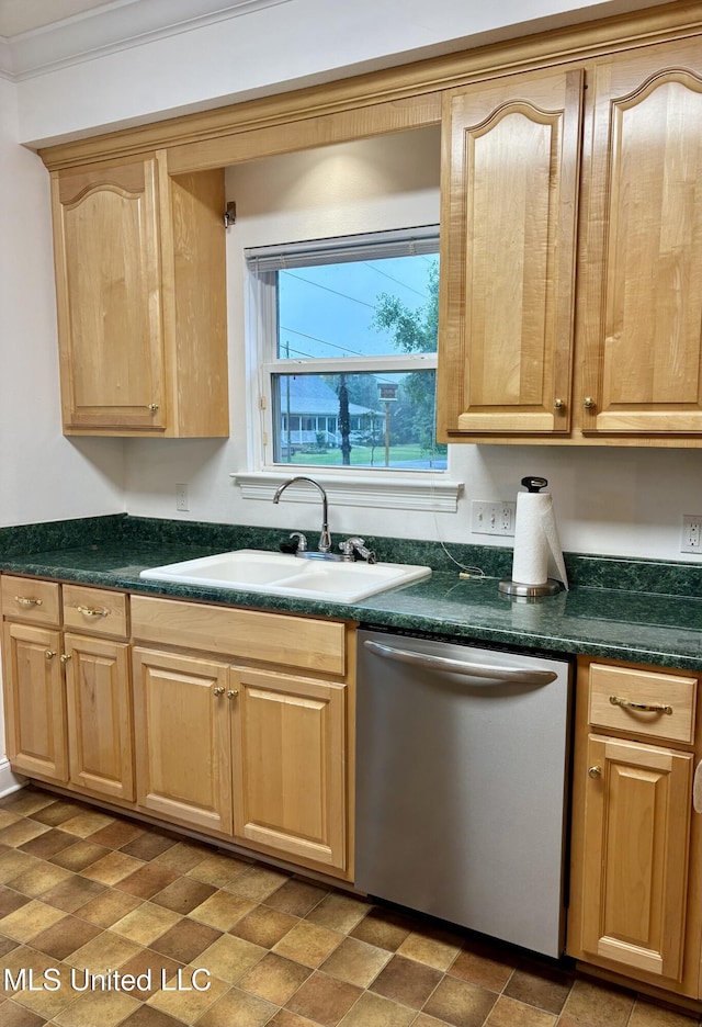 1405 Bay Ridge Dr, Gautier, MS 39553 - kitchen with dishwasher, a sink, light brown cabinets, and dark countertops
